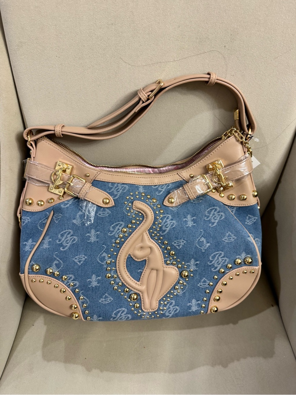 Baby Phat Blue Denim & Blush Shoulder Bag with Gold Accents